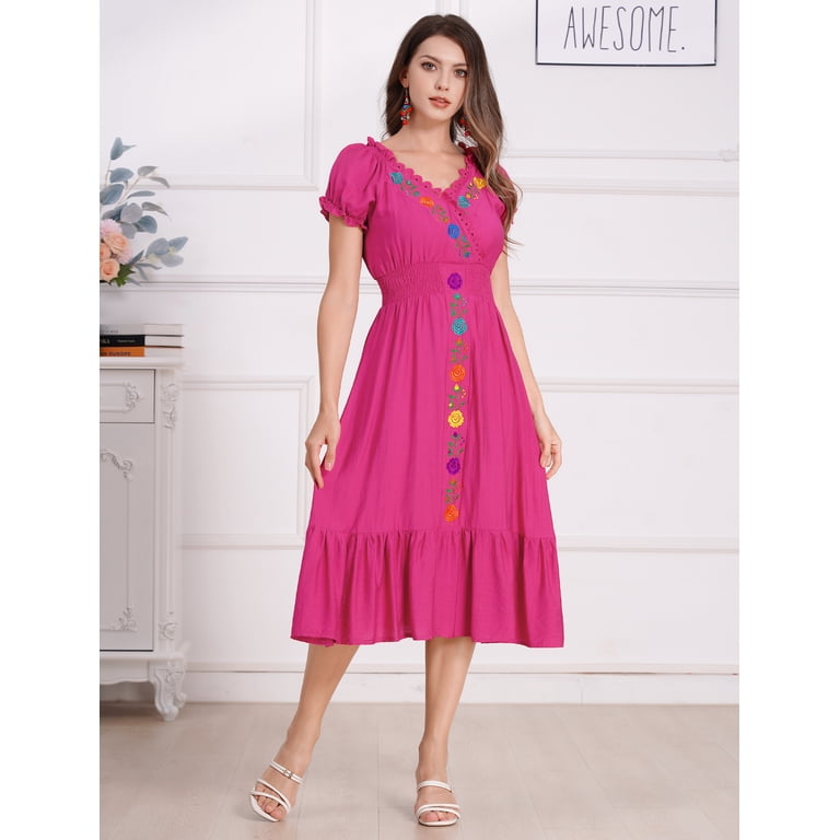 IDOPIP Women Mexican Dress Floral Embroidery V Neck Short Puff Sleeve  Traditional Fiesta Dresses - Walmart.com