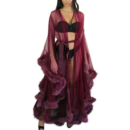wendunide lingerie for women Women Fashion Tulle Robe Long Lingerie Nightgown Bathrobe Sleepwear Feather Bridal Robe Lace Lingerie Wine Red One Size
