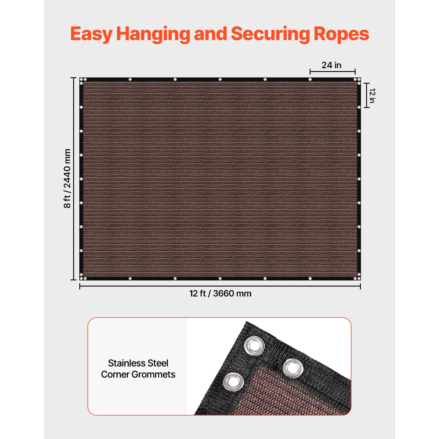 KFFKFF 90% Sun Shade Cloth, 8 x 12 ft Pergola Cover with Stainless Steel Grommets, Privacy Screen with 140 GSM HDPE Material, for Outdoor, Patio, Garden, and Backyard (Brown)