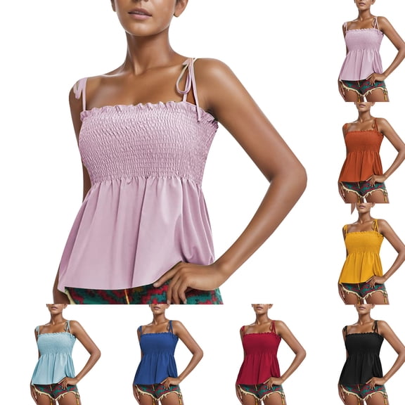 HCYSFG Ruffle Smocked Tank Tops for Women Summer Square Neck Sleeveless Tops Tie Shoulder Spaghetti Strap Blouse Peplum Cami Shirts
