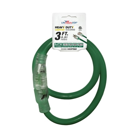 

3 ft Power Extension Cord Outdoor & Indoor Heavy Duty 10 gauge/3 prong SJTW (Green) Lighted end Extra Durability 15 AMP 125 Volts 1875 Watts ETL listed by LifeSupplyUSA