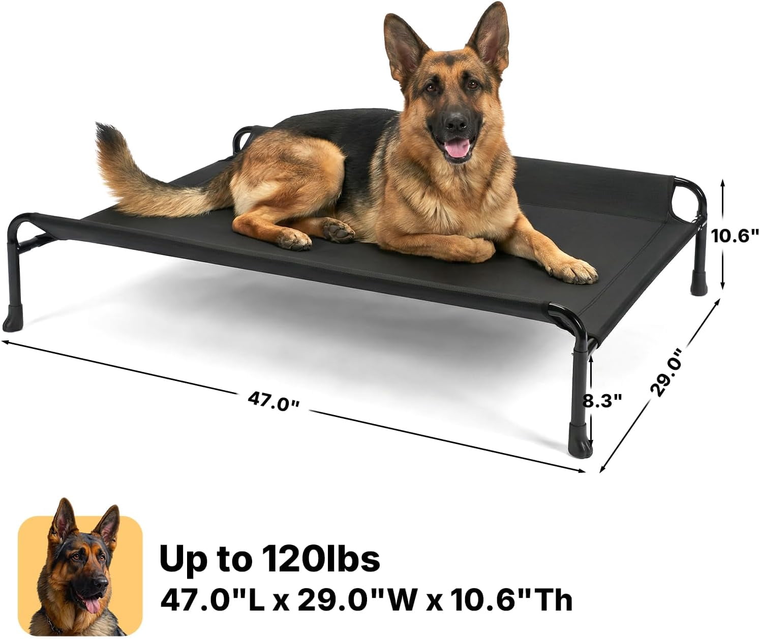 Outdoor Dog Bed, Raised Dog Beds for Large Dogs, Elevated Dog Bed with Headrest, Washable Cooling Pet Cot with Non-Skid Feet, Breathable Mesh, Pet Hammock for Indoor or Camping, 47", Black