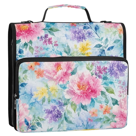 3 Ring Zipper Binder Stationery Organizer for Study Work Home Travel All-Purpose File Folder Storage Bag for Daily Document Organization Pastel Floral Peony Pattern