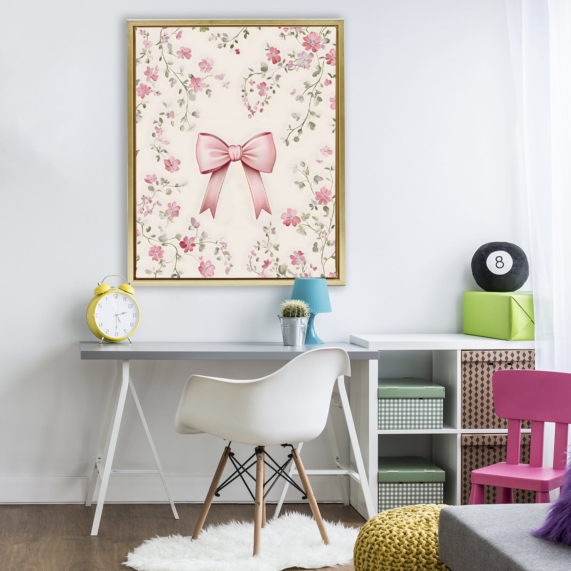 Stupell Industries Girly Ribbon Bow Gold Framed Floater Canvas Wall Art, design by Arlington Prints