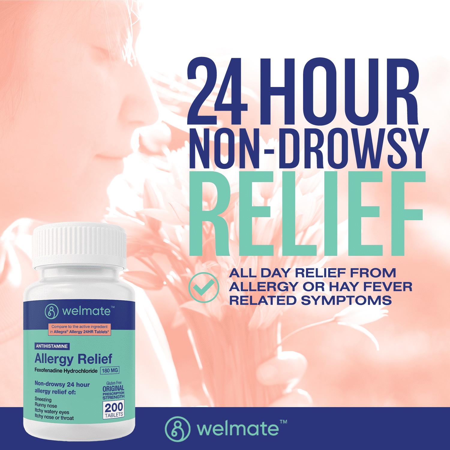 WELMATE Antihistamine Allergy Relief, Fexofenadine HCL 180mg 24HR Relief -200 Tablets