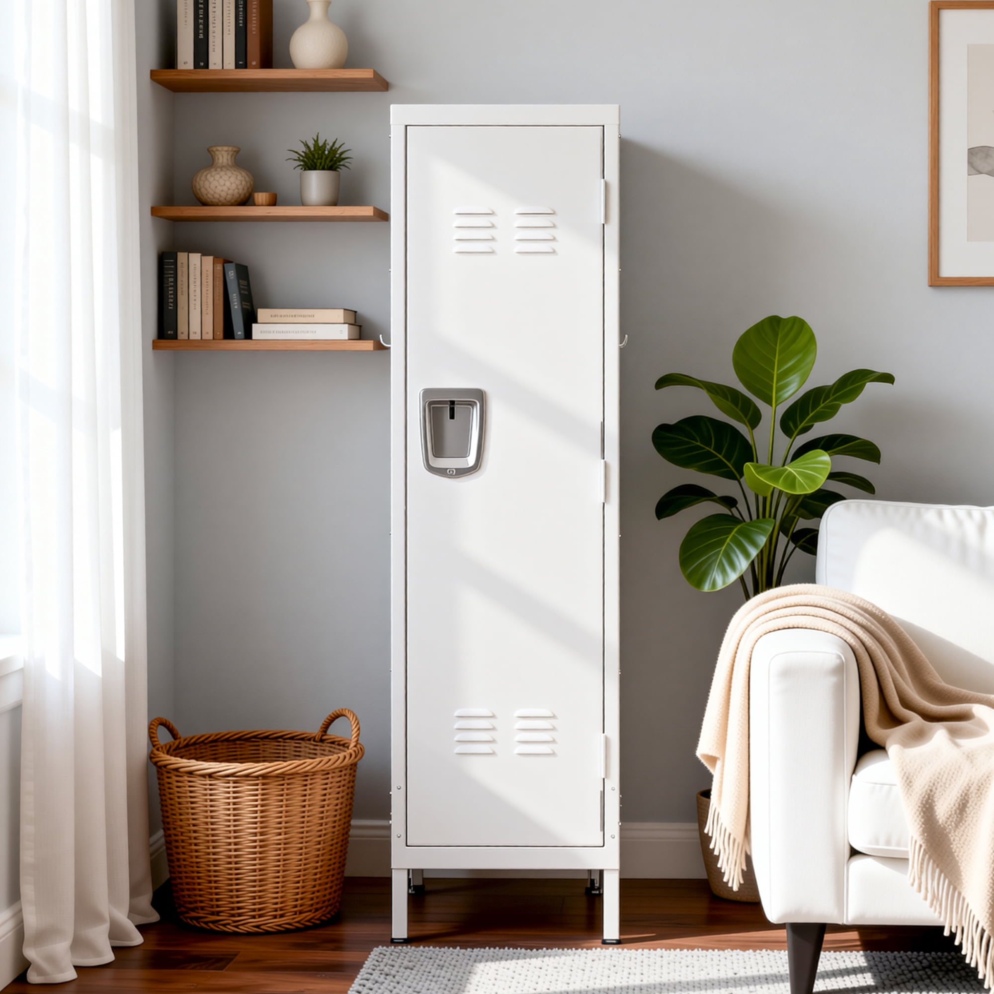 HOQBN 55" Tall Metal Wardrobe Cabinet,Waterproof Steel Clothing Storage Locker with Ventilated Door,Lock & Side Hooks,Vertical Bedroom Wardrobe for Small Apartment Home Office,White