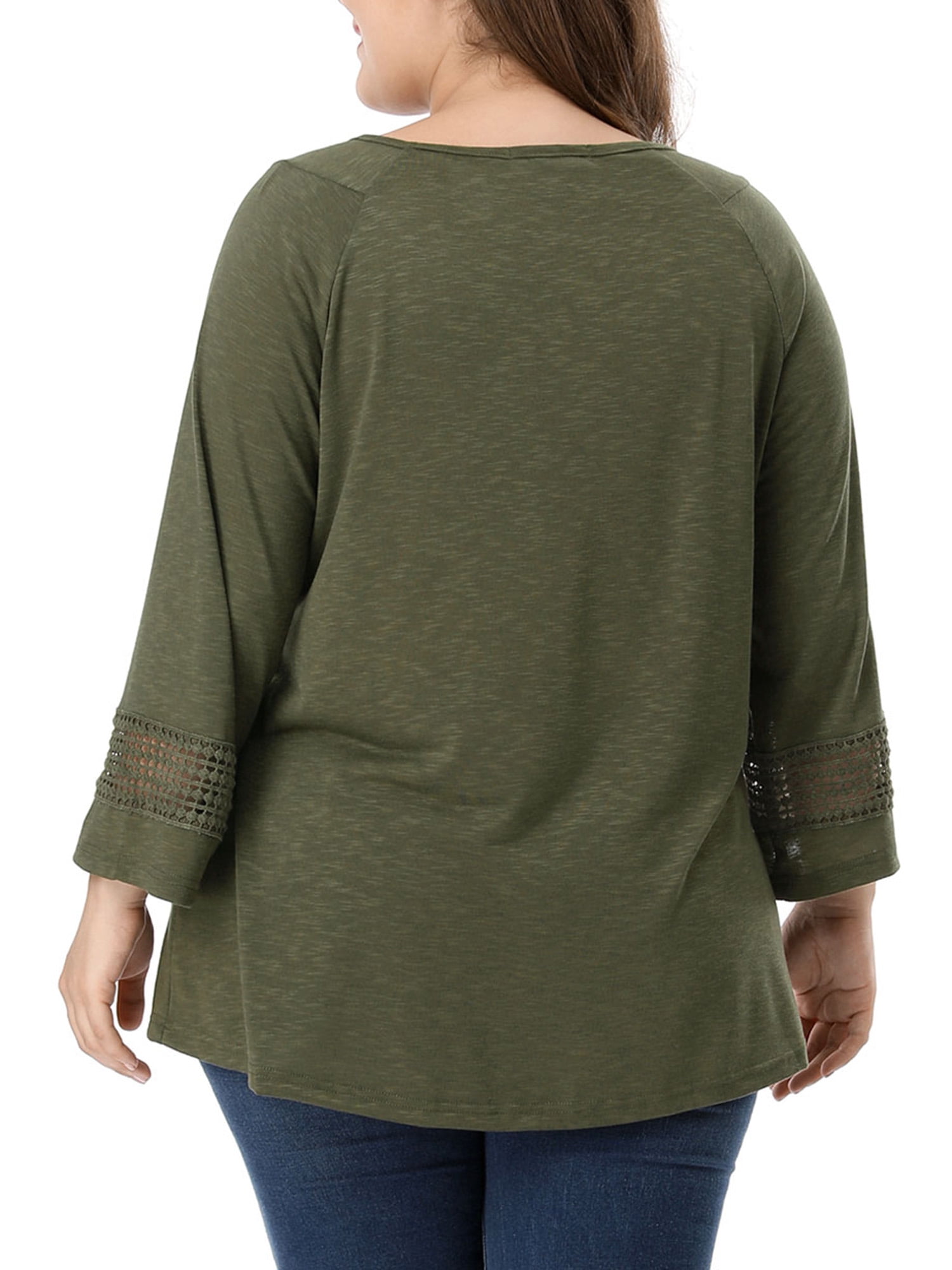 Unique Bargains Juniors' Plus Size Crochet Panel Kimono Raglan Sleeves Ruched Front Top Green 1X