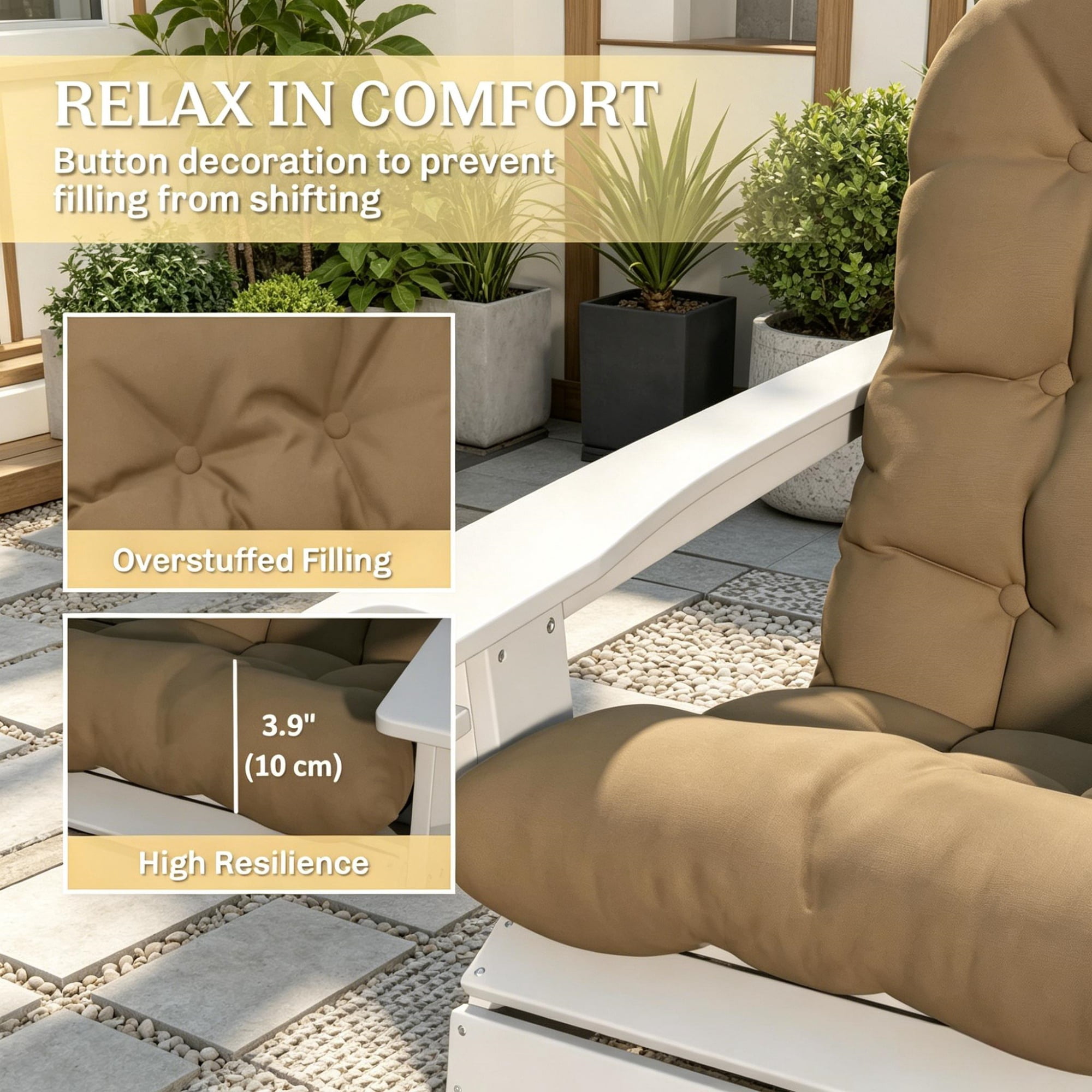 2 Pack Adirondack Chair Cushions Khaki 3.9 Inch Thick Seat & Back Cushion, Tufted UV Splash Resistant Polyester Patio Chair Pad with Secure Tie Straps
