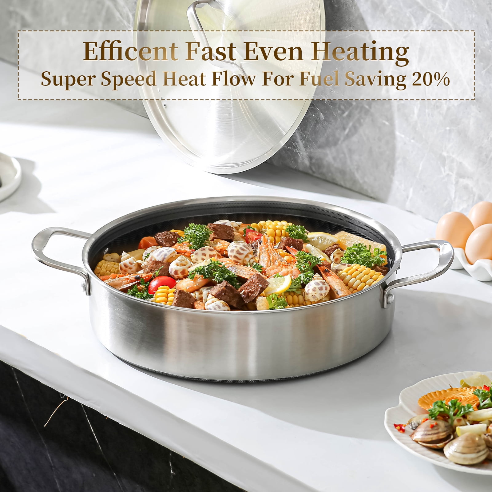 DELARLO 7QT Tri-Ply Stainless Steel Non Stick Braiser Pan with Lid,12inch Deep Frying Pan,Large Saute Pan Induction Compatible,Heavy Duty and Oven Safe