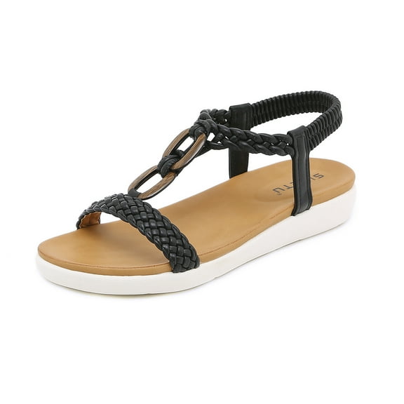 Women Ankle Strappy Flat Sandals Elastic Comfortable Rhinestone Summer Boho Casual Beach Sandal Shoes