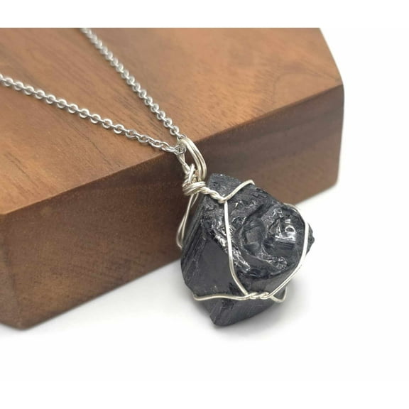 Natural Raw black tourmaline pendant necklace Wire wrapped