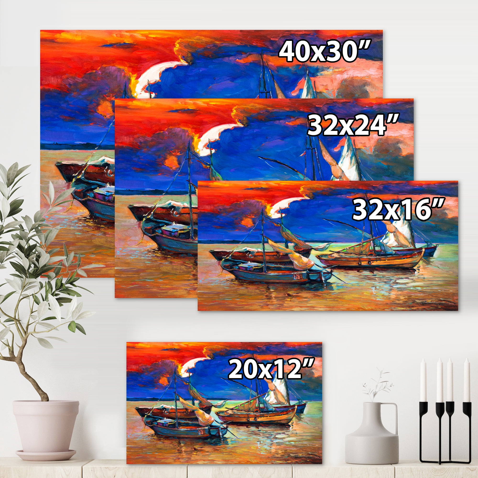 Designart ' Boats On The Water With Dark Blue Sky I ' Lake House Canvas Wall Art Print