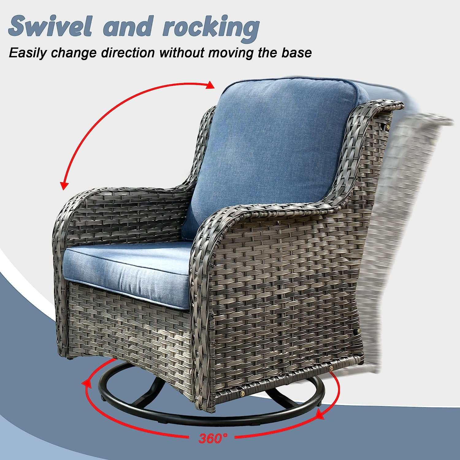 XIZZI Outdoor Patio Wicker Swivel Rocker Set,3-Piece Rocking Chair Bistro Set with Denim Blue Cushions and Coffee Table,Grey Wicker