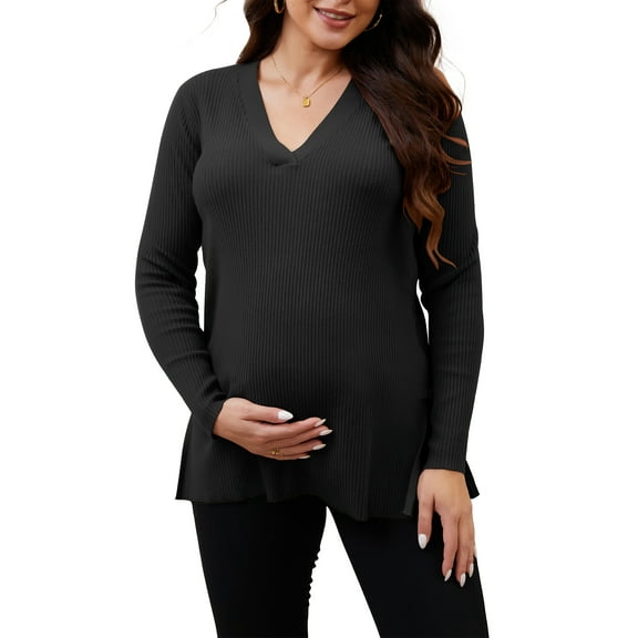 INSPIRE CHIC Women's Maternity Nursing Sweater Winter Warm Side Zip for Breastfeeding Stretchy Knit Blouse Top Black Medium