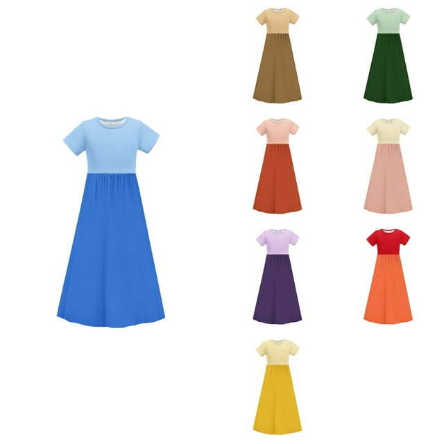 NJDVHB Robe d'Été pour Tout-Petit, Robe de Plage pour Fille Tout-Petit, Robe de Fête pour Filles, Robe Longue Décontractée Unie à Manches Courtes avec Poche Extensible, Rouge, 130