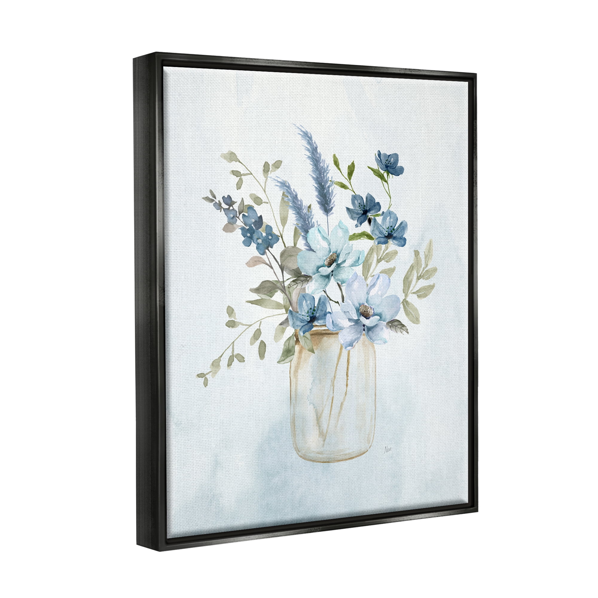 Stupell Industries Floral Blue Bouquet Botanical & Floral Painting Black Floater Framed Canvas Art Print Wall Art, 17 x 21