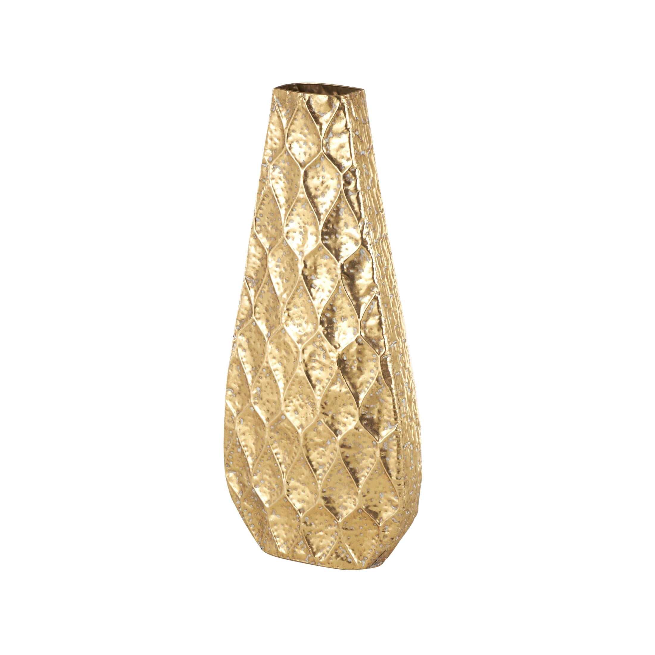 DecMode 34" Textured Concaved Teardrop Gold Metal Vase with Peacock Inspired Design