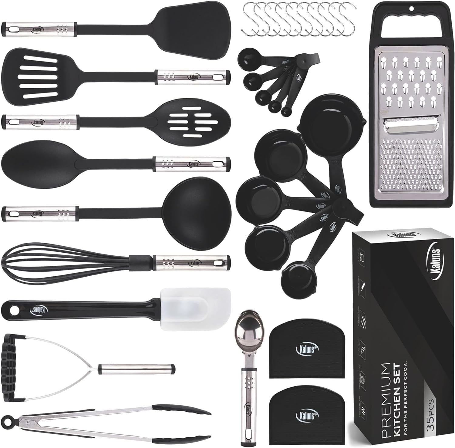 Kaluns 35 Pcs Kitchen Utensils Set - Nonstick Heat Resistant Nylon, Stainless Steel & Silicone Cooking Utensil Set – Durable Cookware Utensils, Black