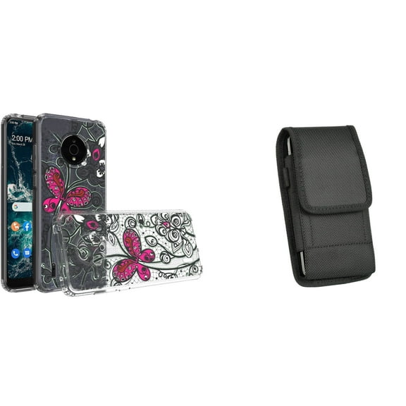 Case and Pouch Bundle for Nokia C200: Slim Series TPU Protector Case (Pink Butterfly) and Vertical Nylon Belt Holster