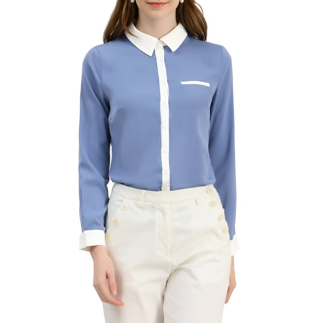 INSPIRE CHIC Women's Color Block Button Down Long Sleeve Work Shirt XS Blue