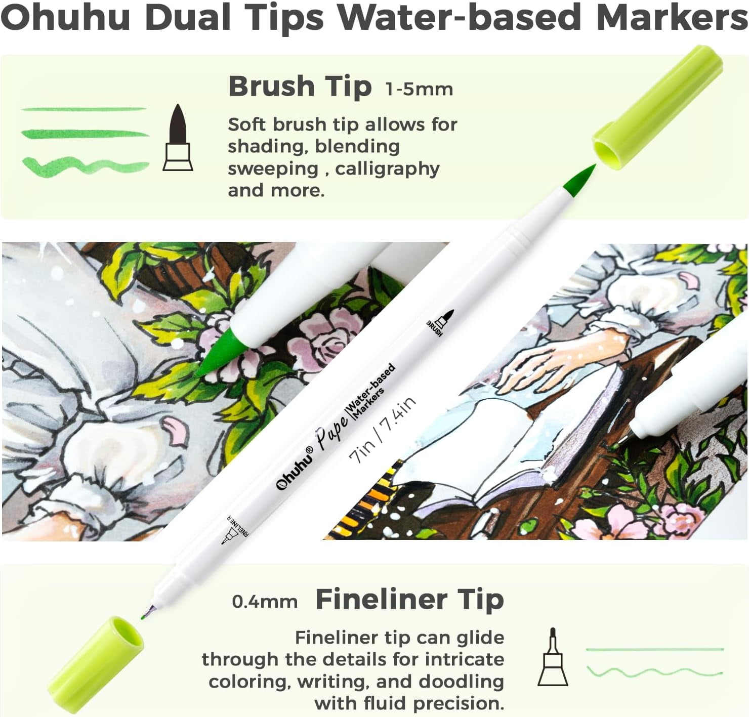 Ohuhu 60 Water-Based Dual Tip Markers, Brush & Fineliner, No Bleed for Calligraphy & Coloring
