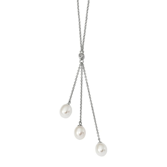 Primal Silver Sterling Silver Rhodium 7-8mm White Rice Freshwater Cultured Pearl Cubic Zirconia Necklace