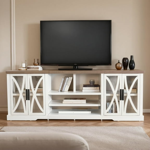 93" Modern Farmhouse TV Stand for TVs up to 100", Media Console with Cabinet & Adjustable Storage Shelves, White Entertainment Center