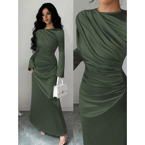 Army Green Satin Mermaid Long Evening Dress With Round Neck And Ruched Long Sleeves