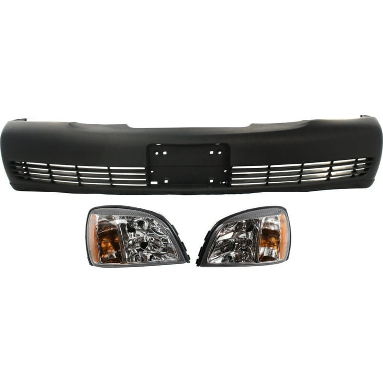3 Piece Kit Driver and Passenger Side Headlights with Bumper Cover with Bulbs Halogen