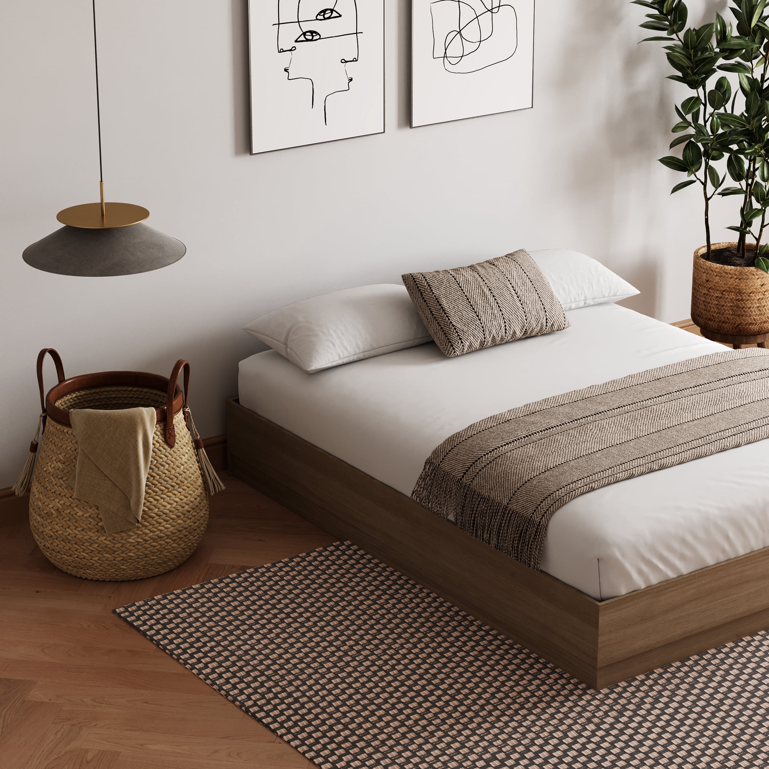 Nexera Milano King Size Platform Wood Bed Frame, Brown Oak