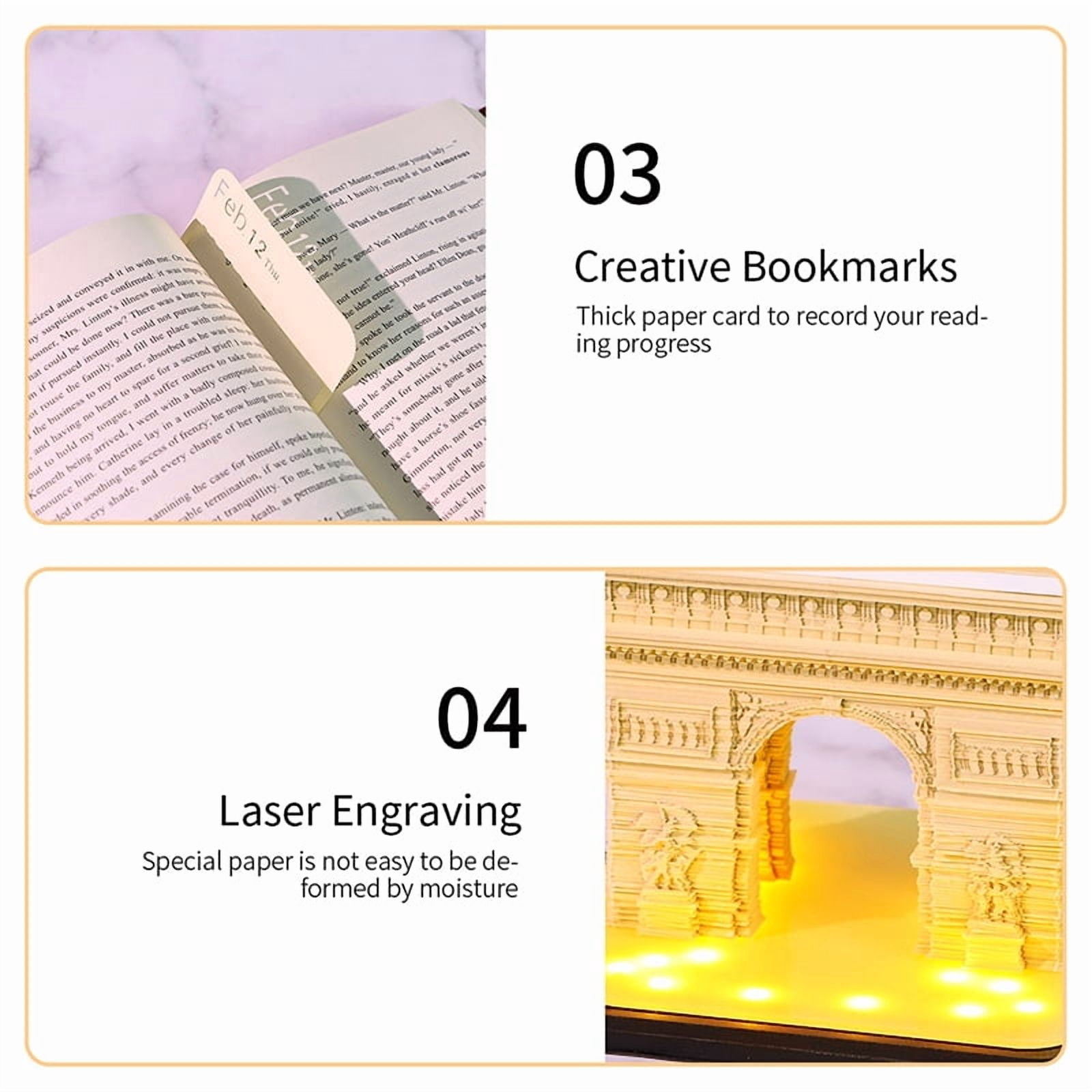 Time Piece Calendar 2026 Desk Calendar With LED Light 3D Tear-away Calendar Paper Carving Art Pad Notepad Gift Christmas