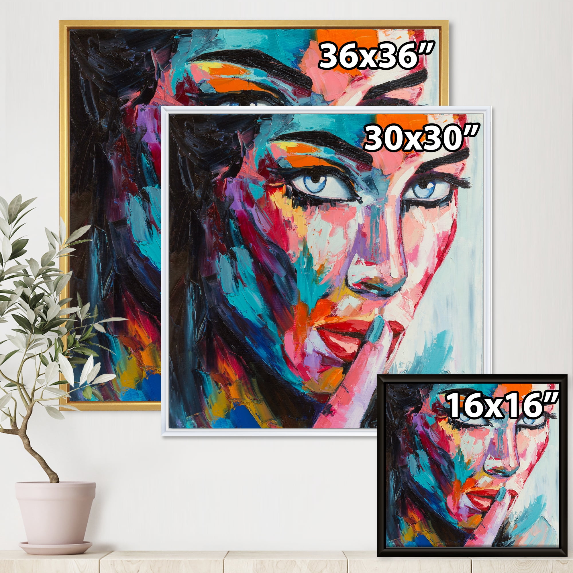 Abstract Portrait Of A Young Woman With Blue Eyes II 16 in x 16 in Framed Painting Canvas Art Print, by Designart