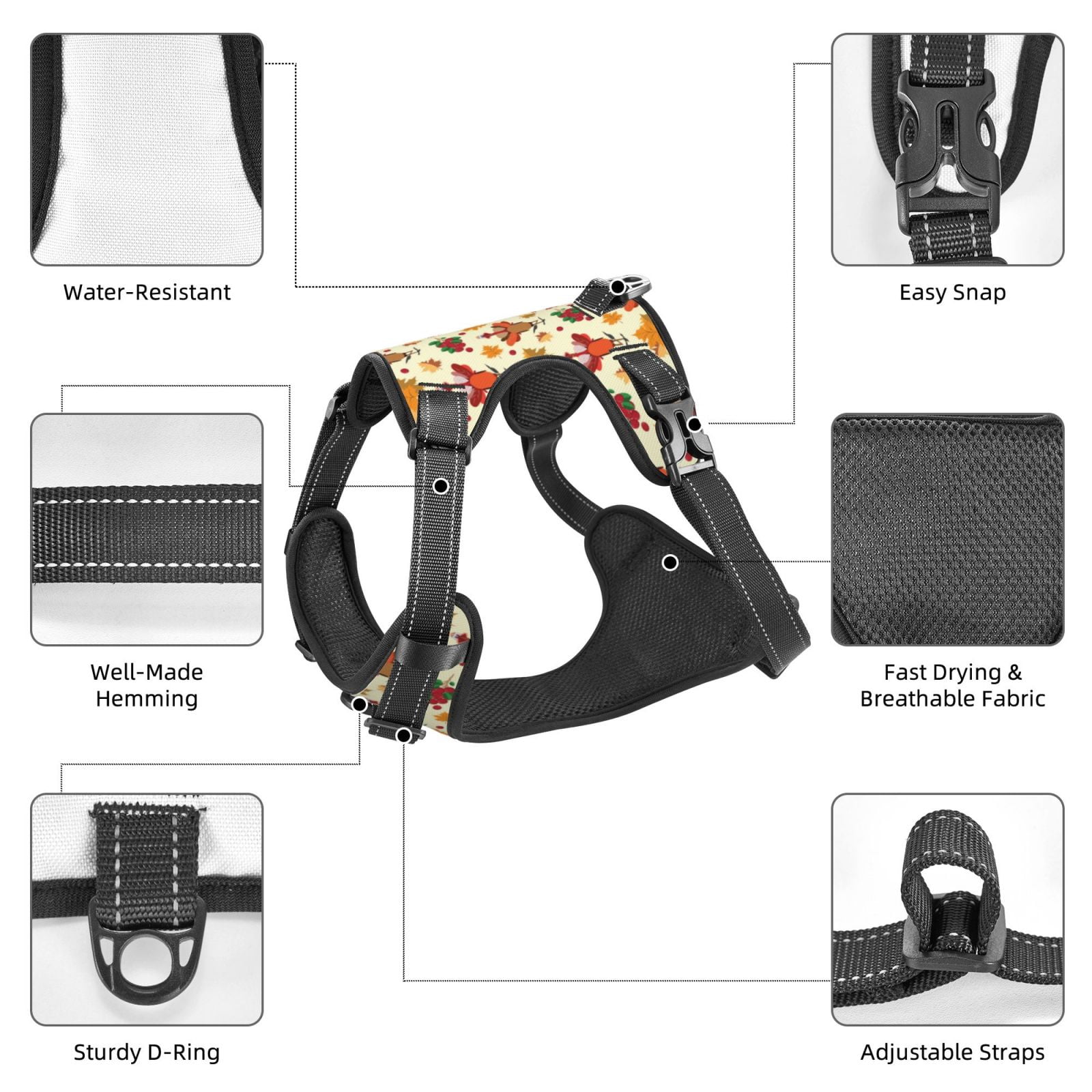 Fuzoiu Thanksgiving Turkeys Print Reflective Dog Harness,Adjustable, Breathable Pet Vest,Dog Harness No Pull,No Choke Pet Vest for Small, Medium, and Large Dogs-Small