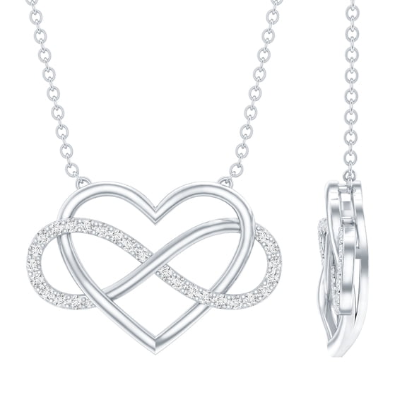 Rosec Jewels Natural Diamond Heart Necklace - Interlocked Heart and Infinity Necklace, with Chain - Ready to Gift for Valentines, 925 Sterling Silver
