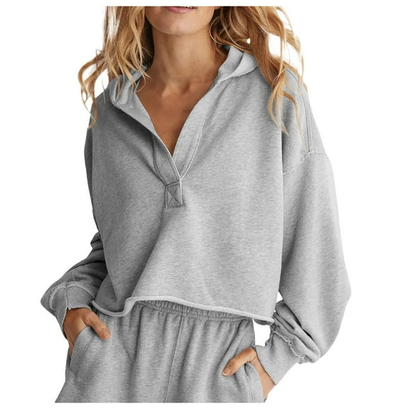 PMVFHDE Women's Cropped V Neck Pullover Hoodie, Modern Casual Long Sleeve Loose Fit Streetwear Sweatshirt Light Gray，M