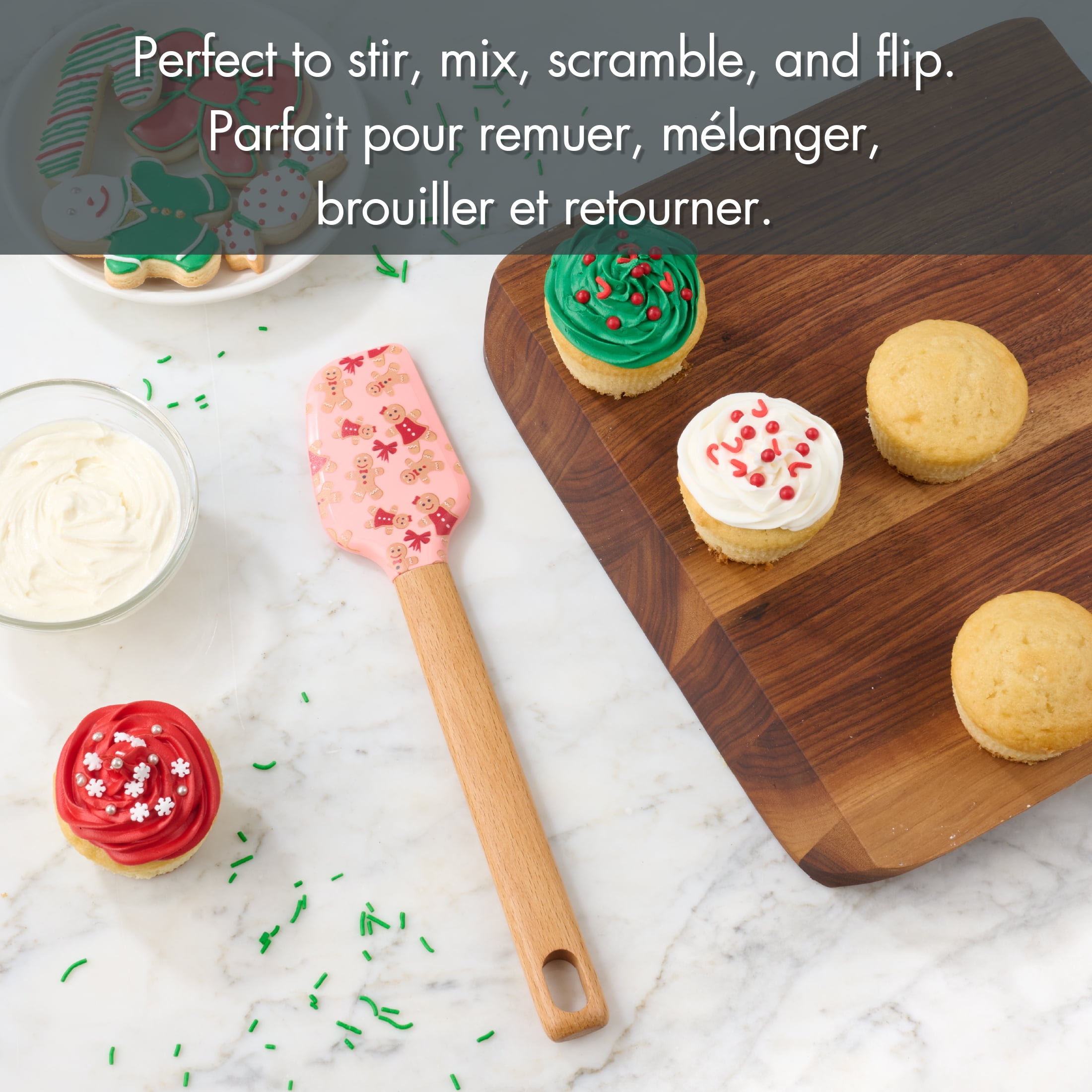 Holiday Time Silicone and Beechwood Spatula, Gingerbread Cookies, Pink