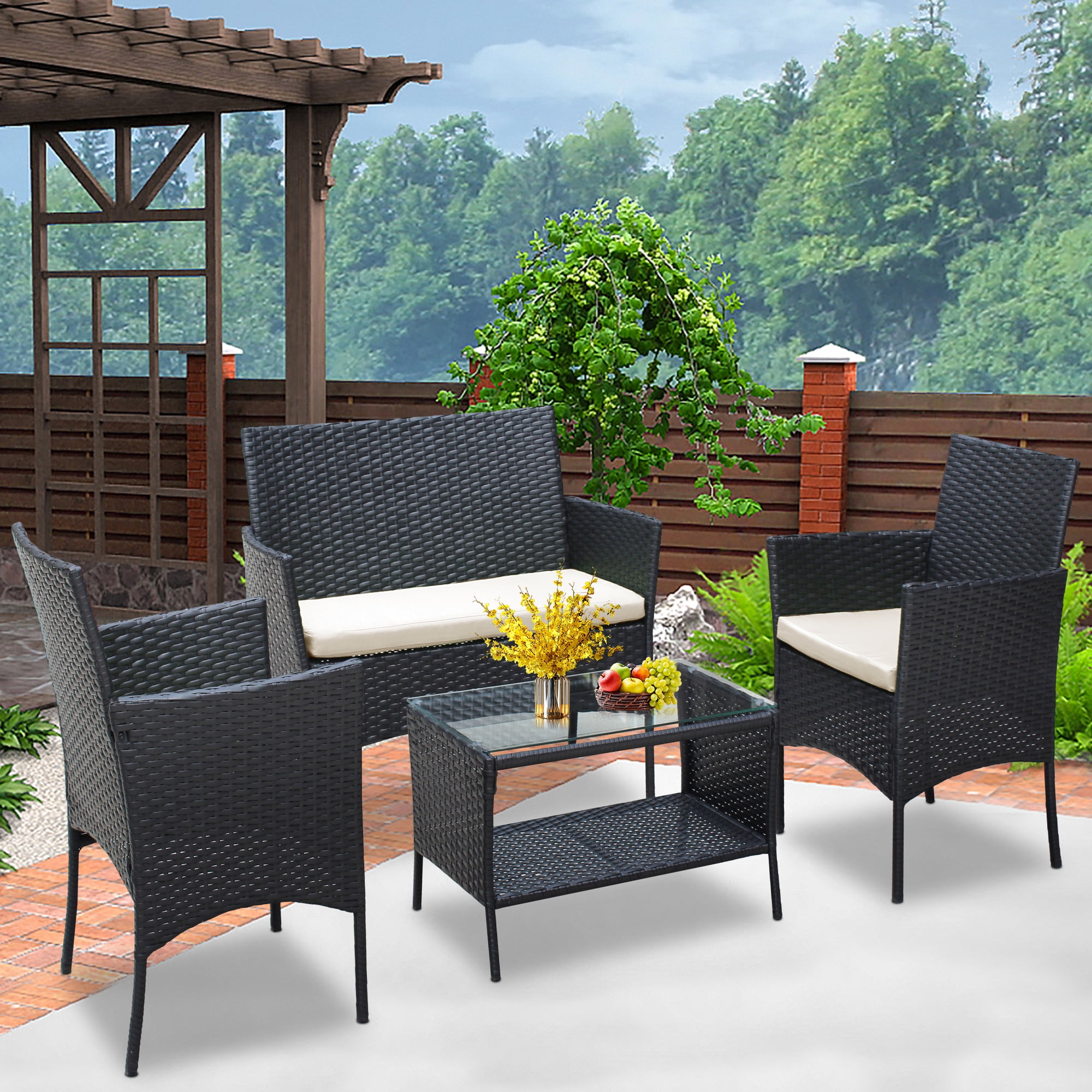 4 Pieces Outdoor Wicker Conversation Set, All-Weather Rattan Patio Furniture Sets with Arm Chairs, Tempered Glass Tabletop and Cushions, Sectional Sofa Set for Backyard, Garden, Poolside