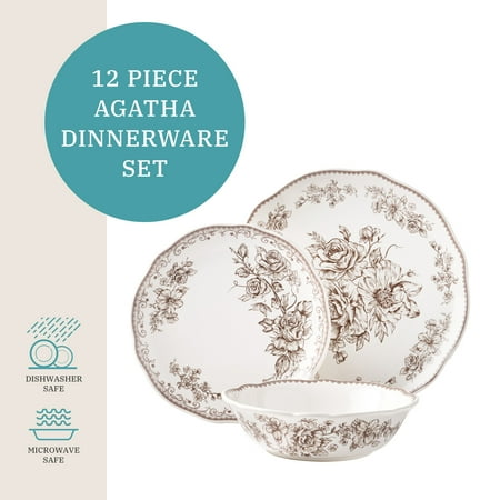 The Pioneer Woman Agatha 12-Piece Stoneware Dinnerware Set, Brown