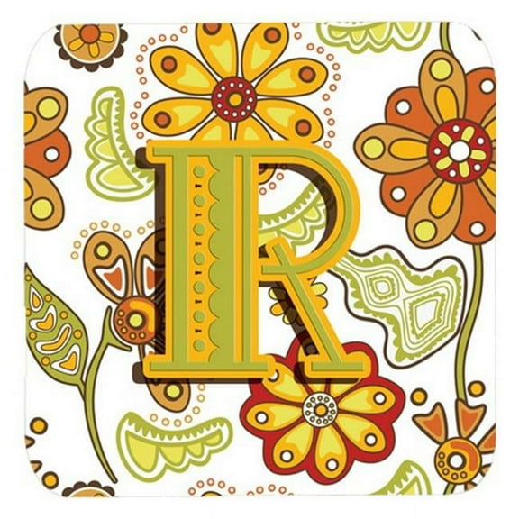 Letter R Floral Mustard And Green Foam Coasters, Set Of 4