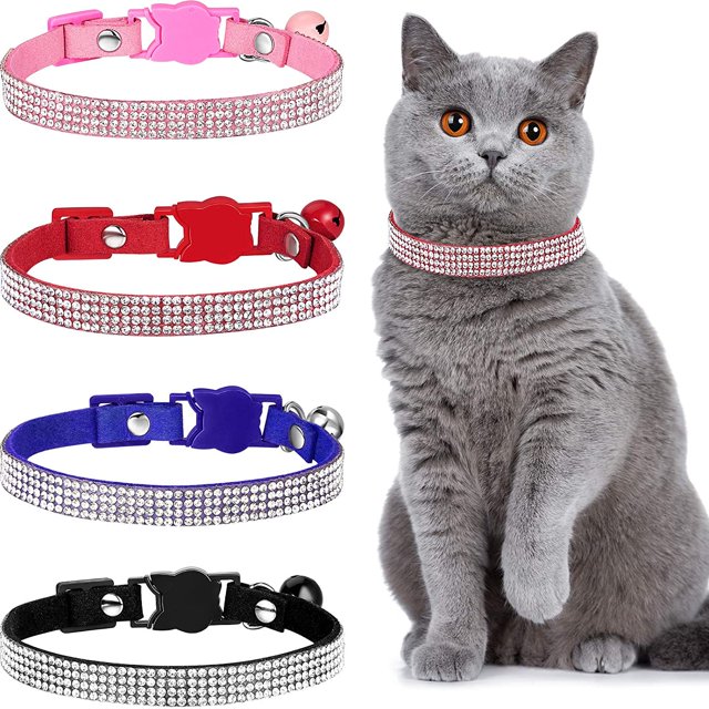 4 piezas de collares para gatos con diamantes de imitación, collares para gatos con cascabel, collares para mascotas con terciopelo suave, 4 colores Xemadio WMZL-1866-2