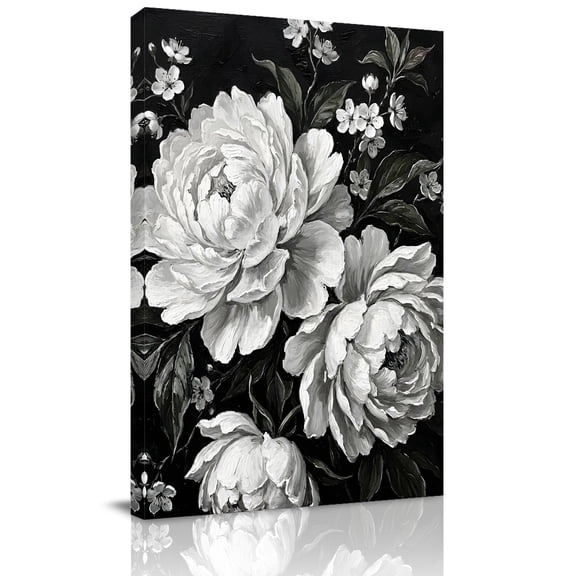 Canvas Wall Art Blooming Peony Canvas Art Print Floral Black White Plant Pictures Wall Decor for Living Room Bedroom Artwork Decorations Stretched Framed Ready to Hang 22"x28"