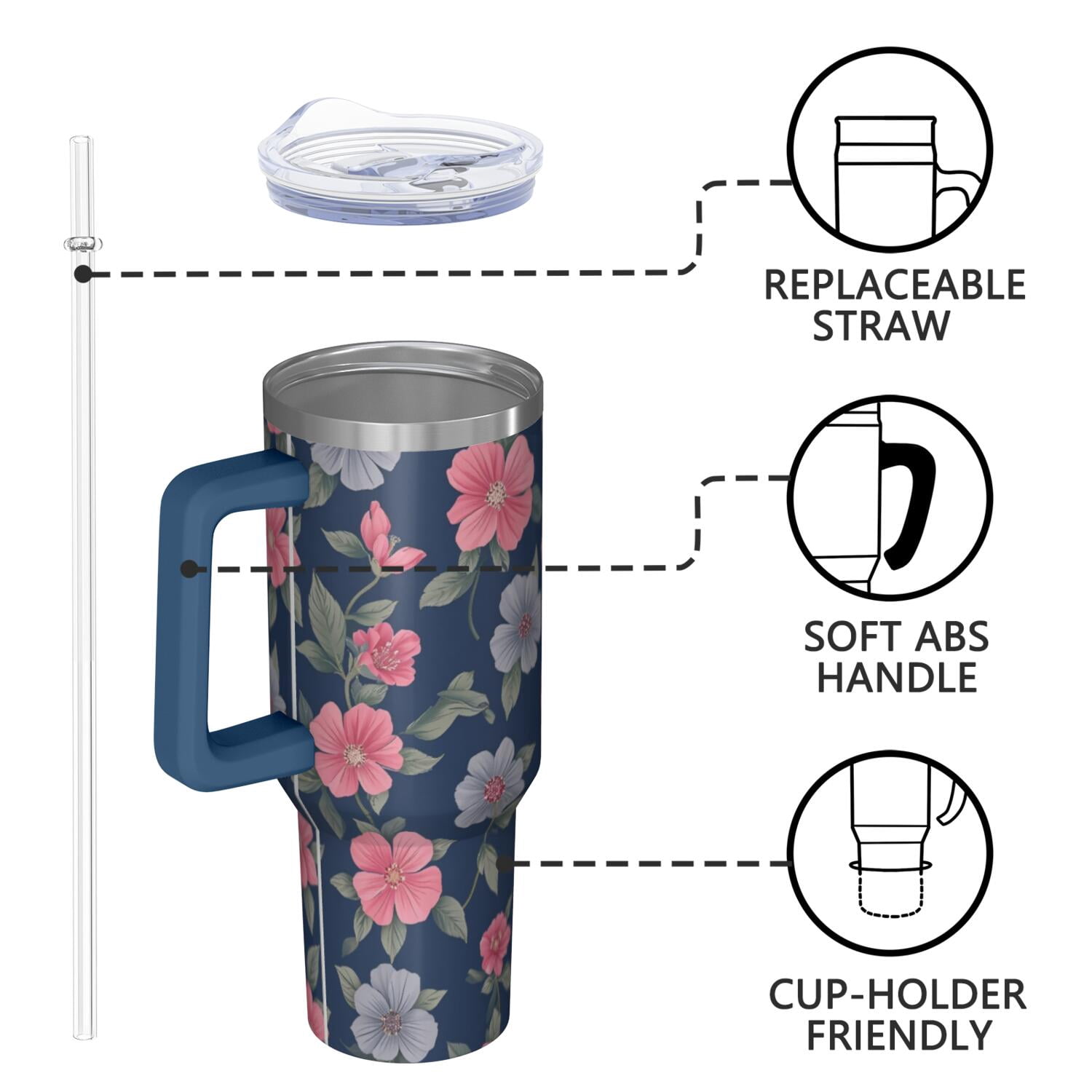 Flower Floral Print Pattern 40oz Tumbler with Handle and Lid, Double Wall Vacuum Insulated Tumbler, Gift Cups for Women and Men