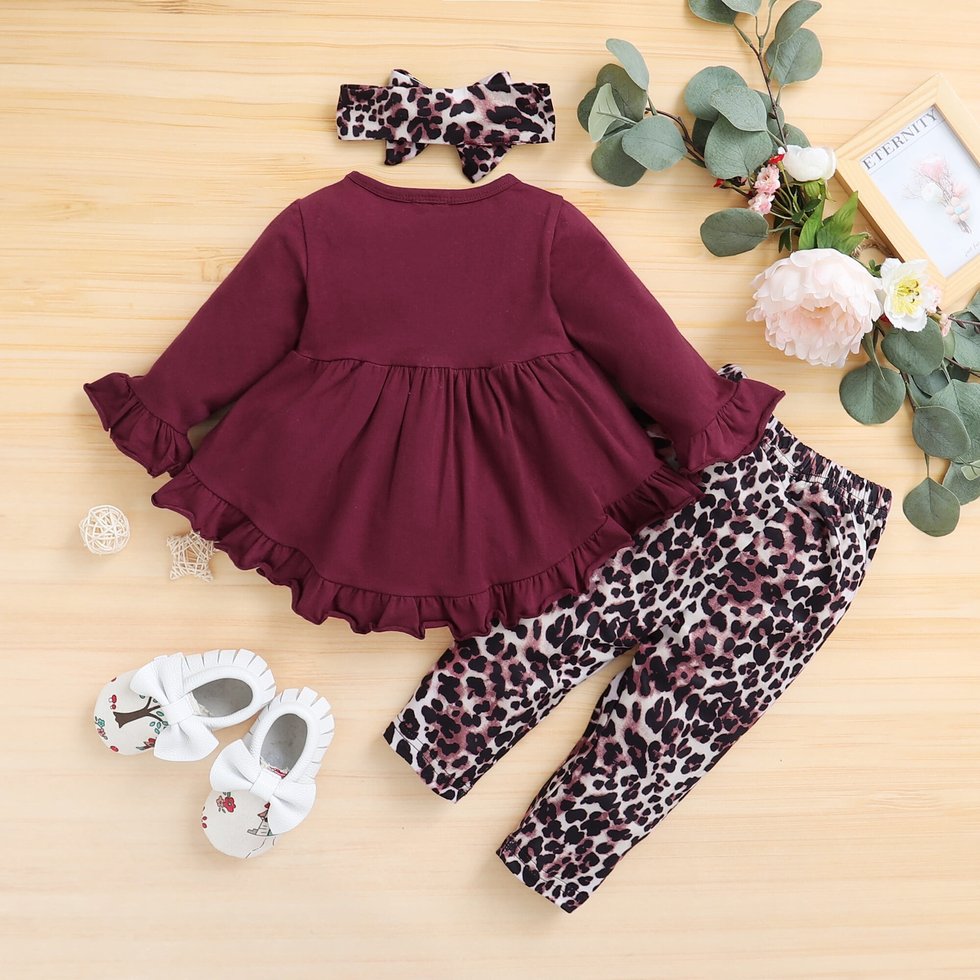 4T Baby Girl Clothes Baby Girl Outfits Long Sleeve Tops Leopard Pants Headband 3PCS Outfits 3-4T Baby Girl Fall Clothes
