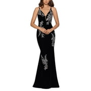 Xscape Women Dress Velvet Floral Embroidered Beaded Gown Black 14