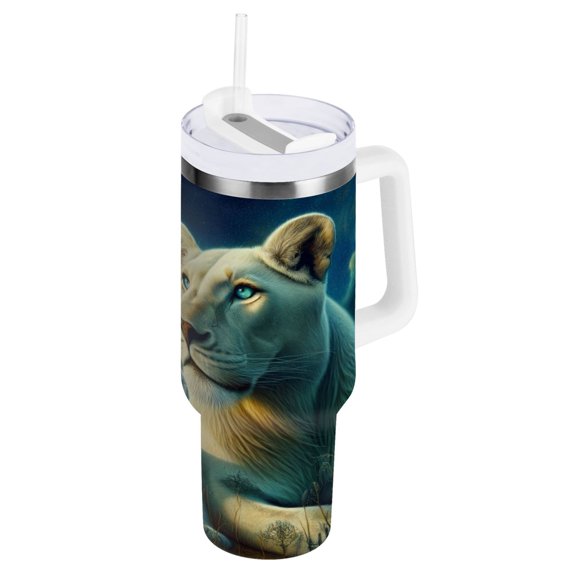 Lioness on Grasslands Tumbler with Handle and Straw Lid 40 oz Insulated Vacuum Water Bottle Stainless Steel Travel Cup