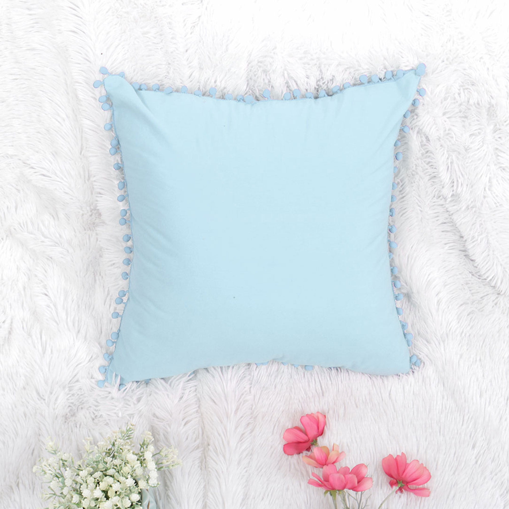 Square Decorative Throw Pillow Cover with Pom-poms Soft Velvet Outdoor ...