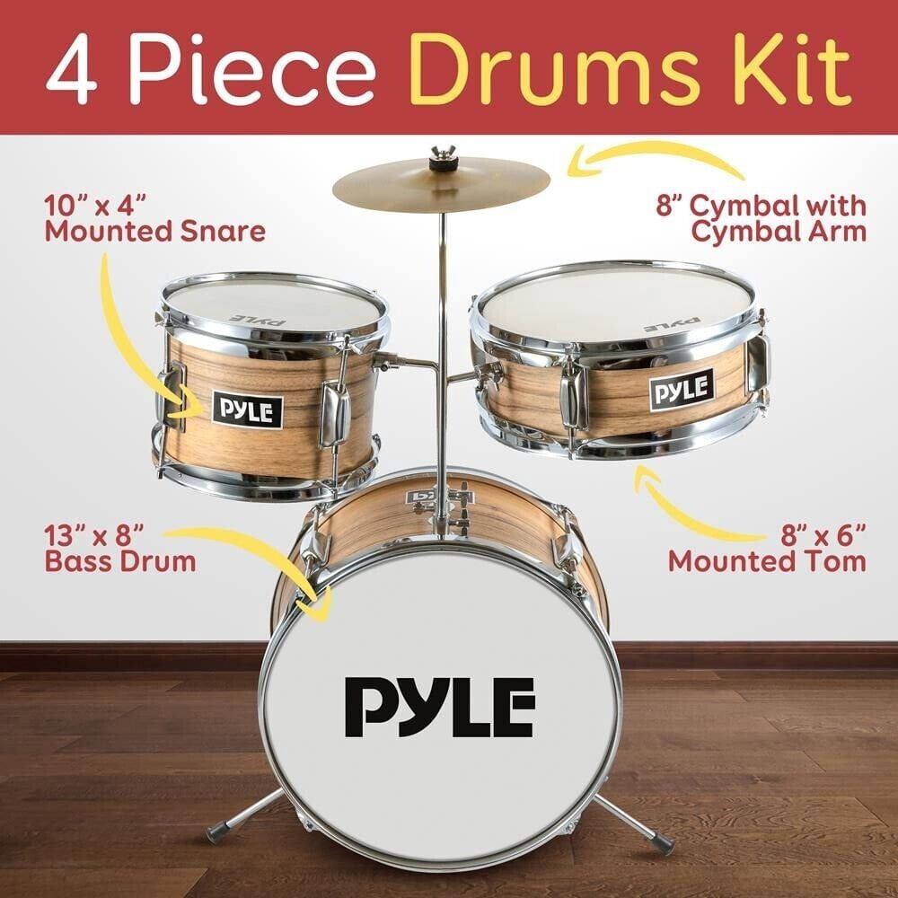 Pyle Set Ages 5-12-3 Piece Beginner Kids Drum Silencing Pads 13" Complete Junior Drummer Kit with Wooden Shells.