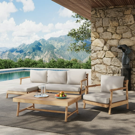 Christopher Knight Home 3-Piece Outdoor Conversation Set with Cushions, Solid Wood Frame, Teak Beige