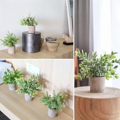 3 Pack Mini Potted Fake Plants Artificial Plastic Eucalyptus Plants Topiaries for Home Office Desk Farmhouse Shelf Room Bathroom Decor(Sage Green)