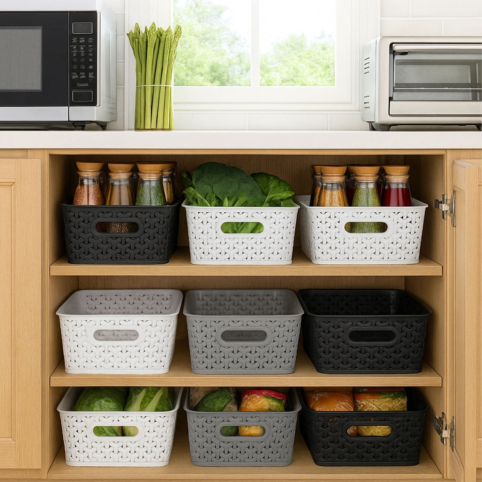 PinkSheep 6 Pack Plastic Storage Baskets Small Organizer Basket Bins Black & White & Gray